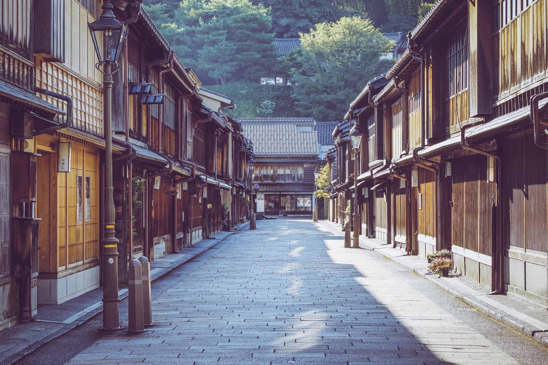 Empty historic street in Higashi Chaya District in Kanazawa, Japan