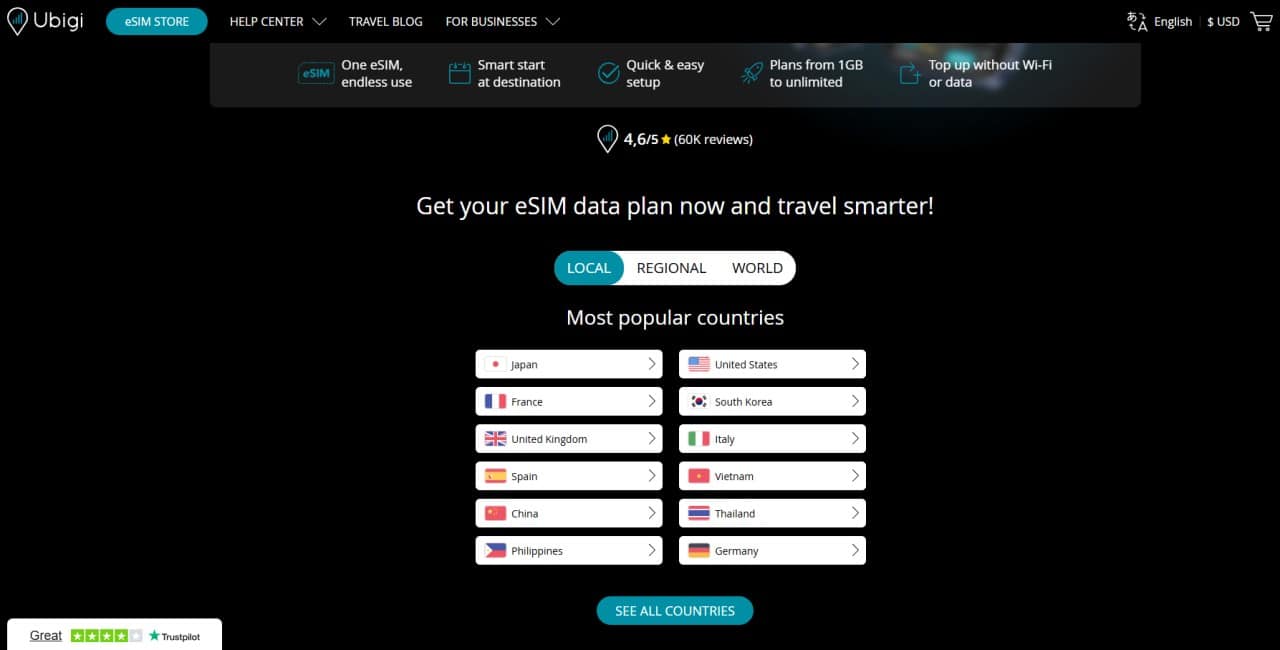 Ubigi eSIM Japan Homepage