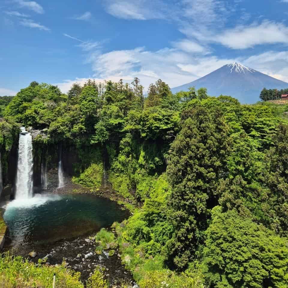 Beautiful landscape of Shiraito Falls with Mt. Fuji, waterfall, and lush greenery in Japan.