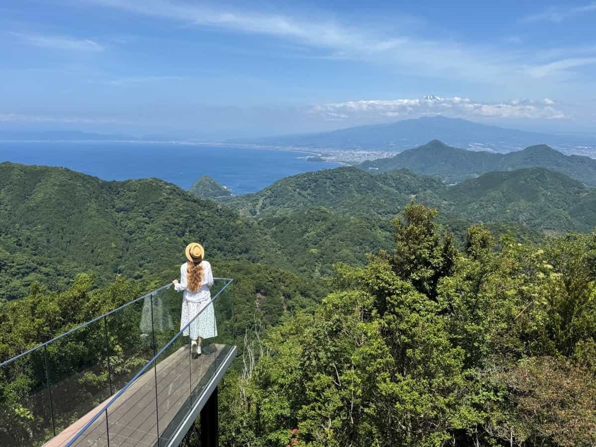 A visitor standing on the glass-panel observation deck at Izu Panorama Park, looking out over green mountains toward Suruga Bay and the famous snow capped volcanic peak in the background.